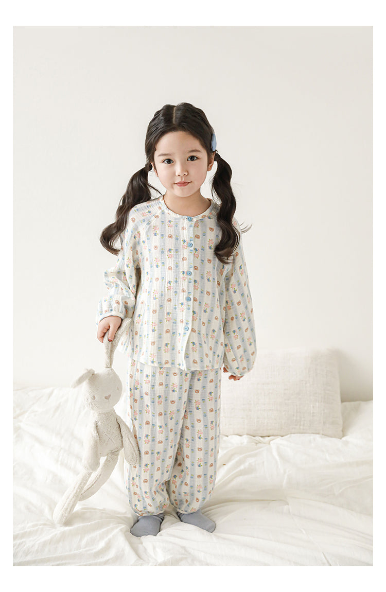 Muslin Button-Front Lounge Set, Bear & Floral