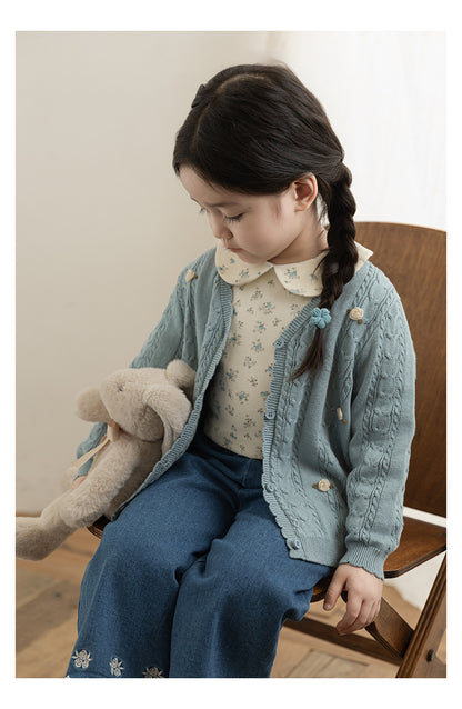 Cotton Cable Knit Floral Crochet Cardigan, Dusty Blue