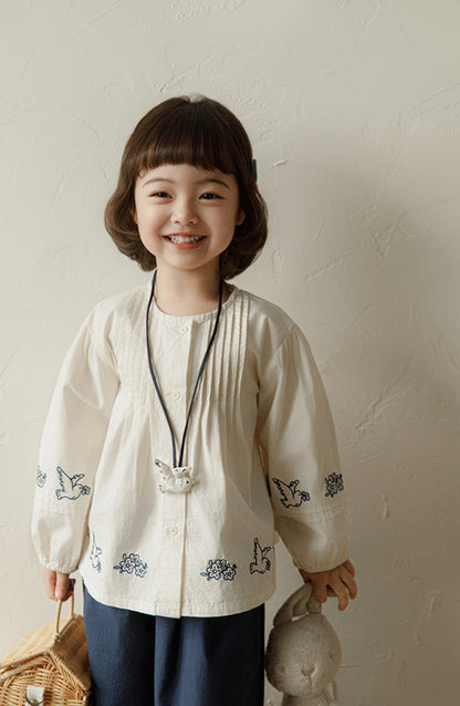 Embroidered Pintuck Cotton Blouse, Ivory