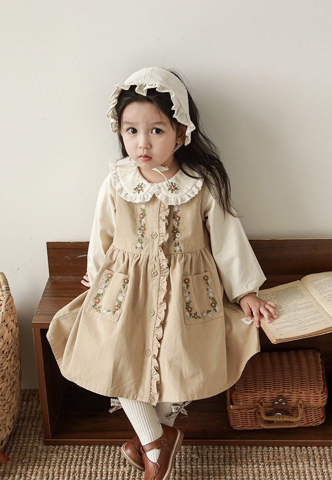 Audrey Embroidered Pinafore Dress, Beige