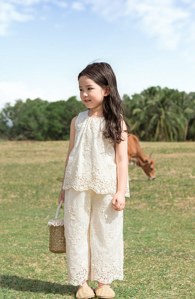Broderie Anglais Cotton Top & Trousers Set, Ivory