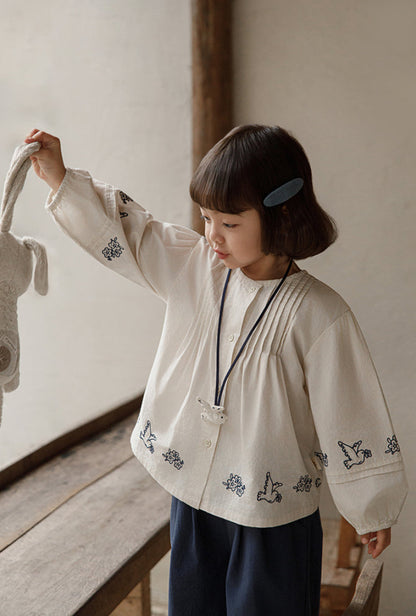 Embroidered Pintuck Cotton Blouse, Ivory