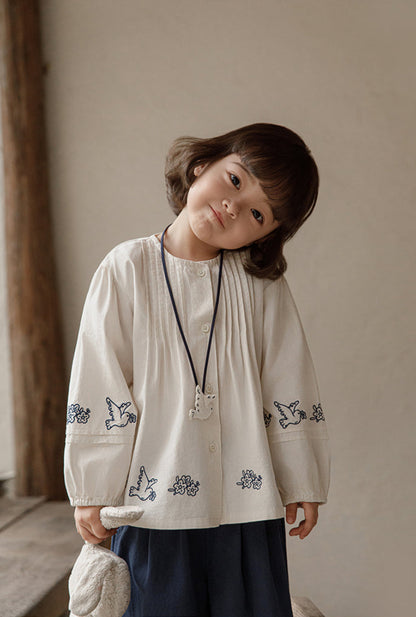 Embroidered Pintuck Cotton Blouse, Ivory