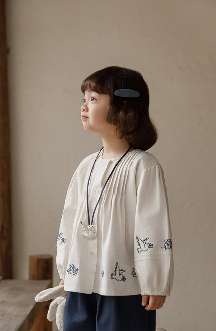 Embroidered Pintuck Cotton Blouse, Ivory