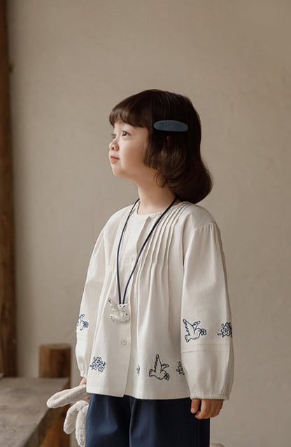 Embroidered Pintuck Cotton Blouse, Ivory