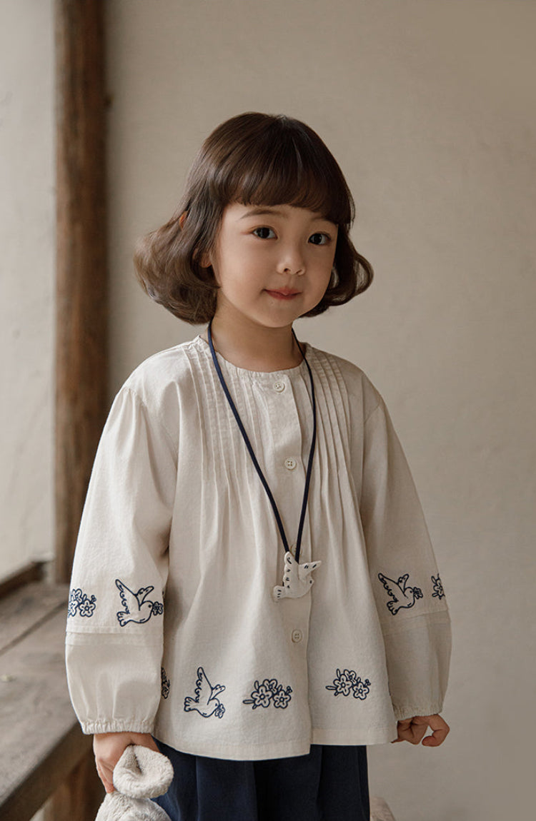 Embroidered Pintuck Cotton Blouse, Ivory