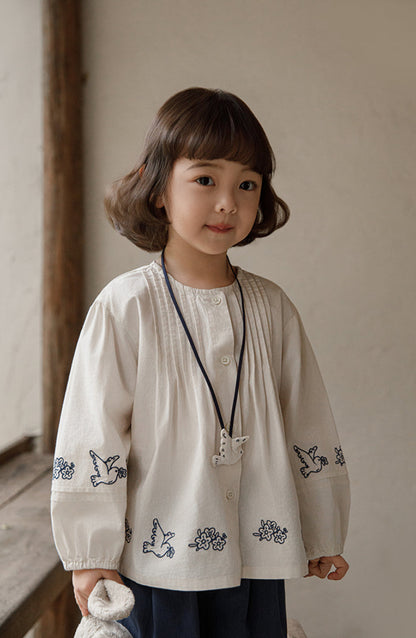Embroidered Pintuck Cotton Blouse, Ivory