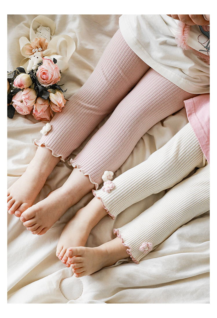 Girls Floral Crochet Ribbed Leggings, Cream
