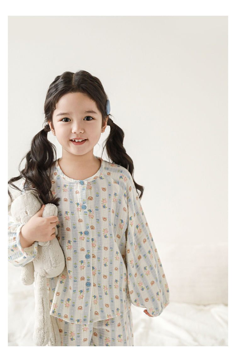 Muslin Button-Front Lounge Set, Bear & Floral