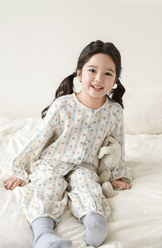 Muslin Button-Front Lounge Set, Bear & Floral