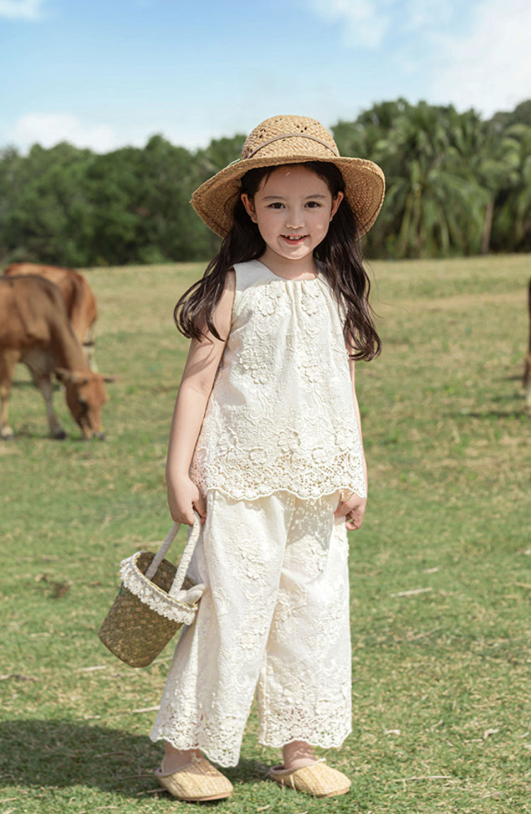 Broderie Anglais Cotton Top & Trousers Set, Ivory