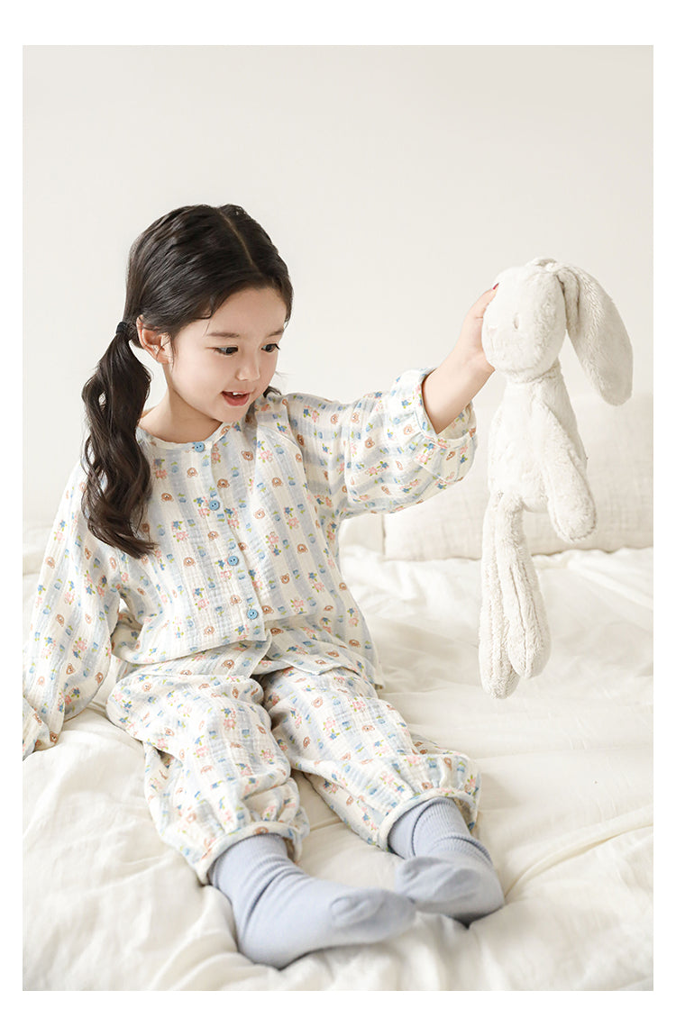 Muslin Button-Front Lounge Set, Bear & Floral