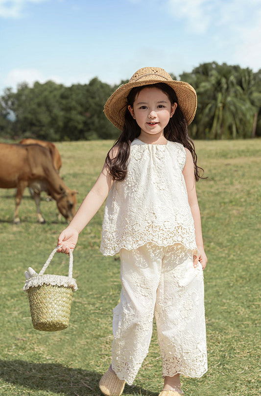 Broderie Anglais Cotton Top & Trousers Set, Ivory