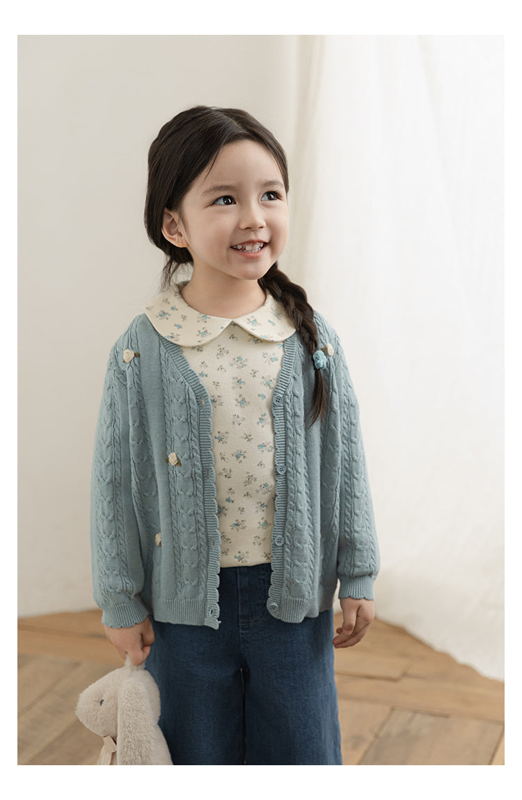 Cotton Cable Knit Floral Crochet Cardigan, Dusty Blue