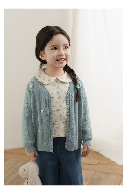 Cotton Cable Knit Floral Crochet Cardigan, Dusty Blue