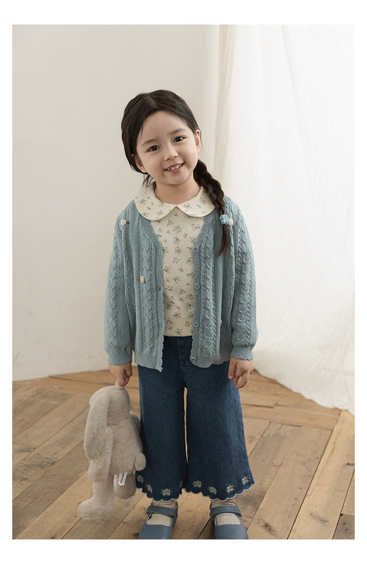 Cotton Cable Knit Floral Crochet Cardigan, Dusty Blue