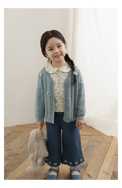 Cotton Cable Knit Floral Crochet Cardigan, Dusty Blue