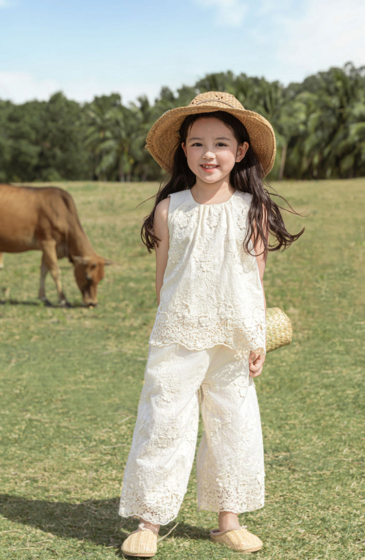 Broderie Anglais Cotton Top & Trousers Set, Ivory
