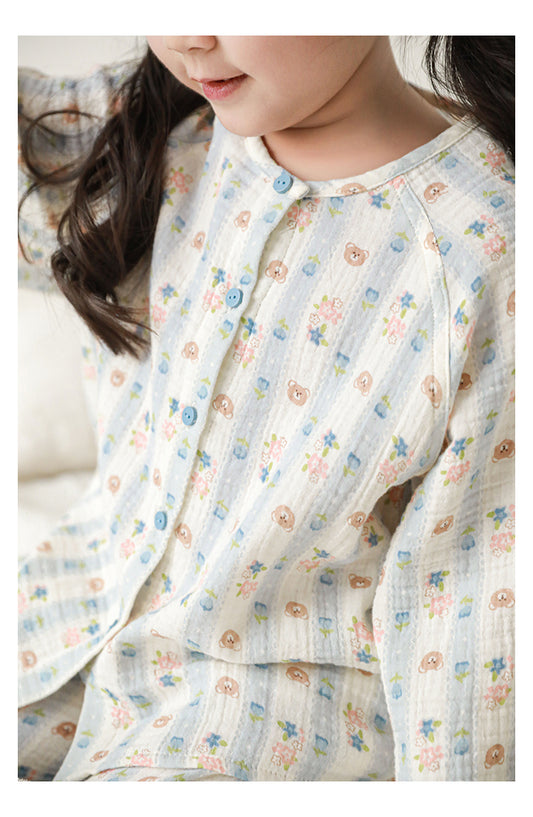 Muslin Button-Front Lounge Set, Bear & Floral