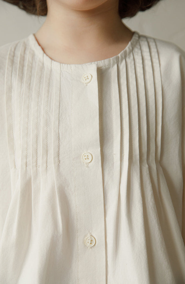 Embroidered Pintuck Cotton Blouse, Ivory