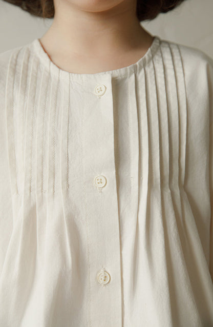 Embroidered Pintuck Cotton Blouse, Ivory