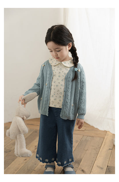 Cotton Cable Knit Floral Crochet Cardigan, Dusty Blue