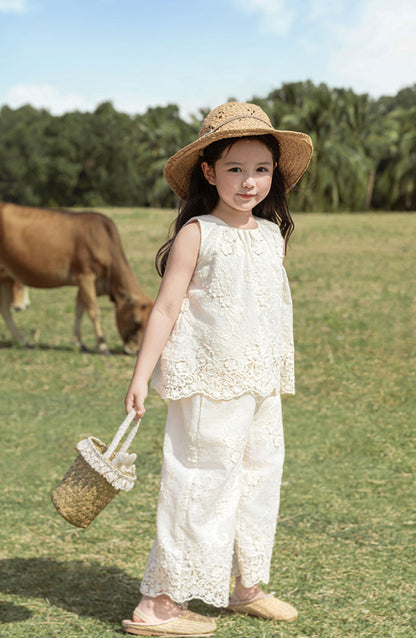 Broderie Anglais Cotton Top & Trousers Set, Ivory