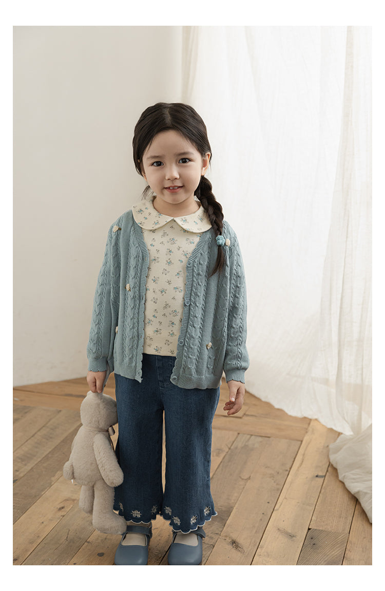 Cotton Cable Knit Floral Crochet Cardigan, Dusty Blue