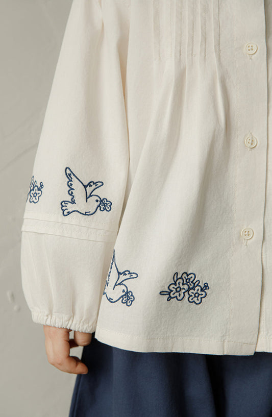 Embroidered Pintuck Cotton Blouse, Ivory