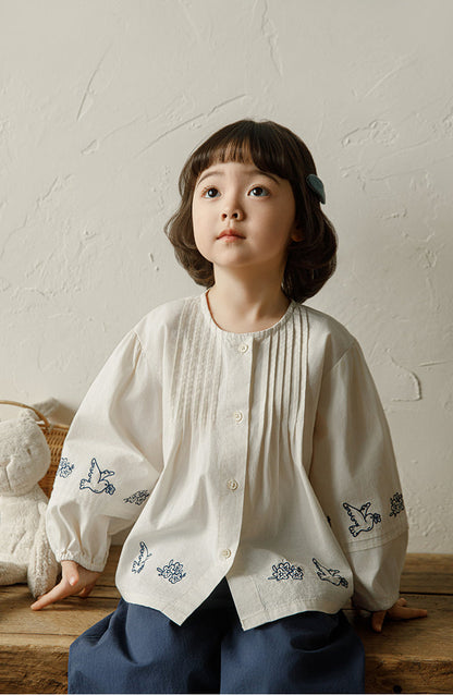 Embroidered Pintuck Cotton Blouse, Ivory
