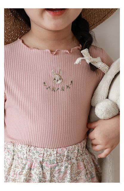 Bunny Embroidered Ribbed Top, Dusty Rose