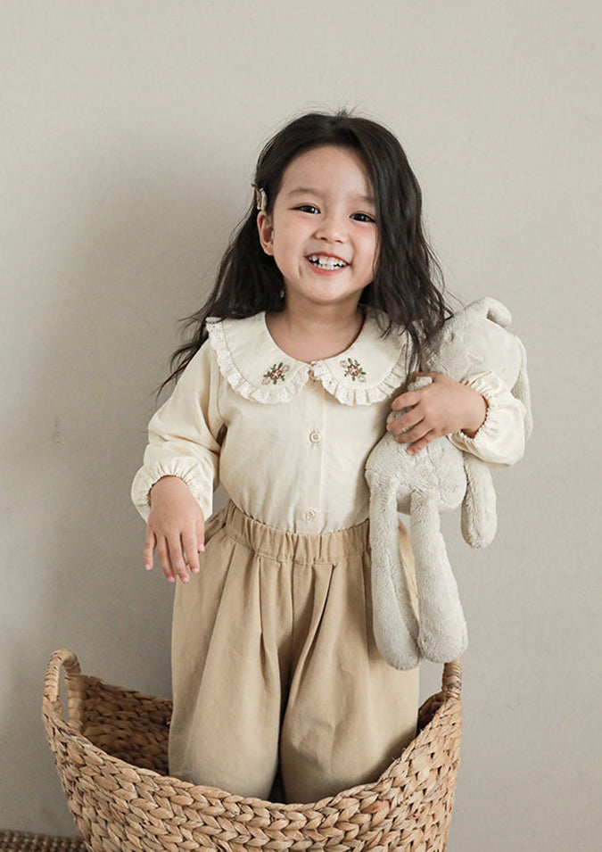 Embroidered Collar Button-Front Blouse, Cream