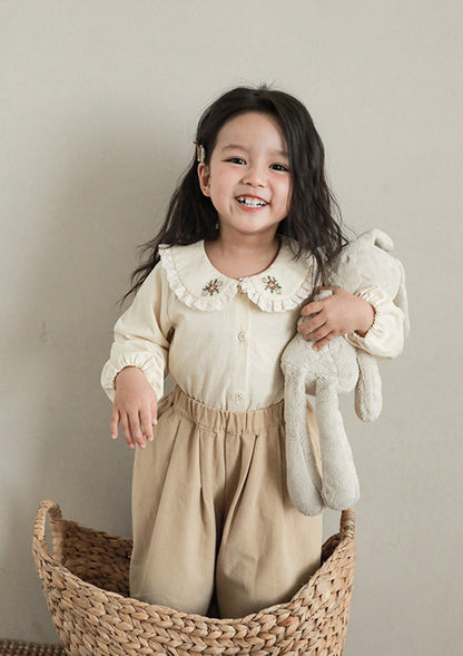 Embroidered Collar Button-Front Blouse, Cream