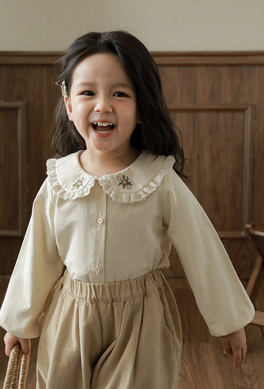 Embroidered Collar Button-Front Blouse, Cream