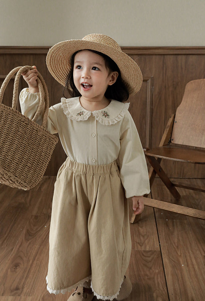Embroidered Collar Button-Front Blouse, Cream