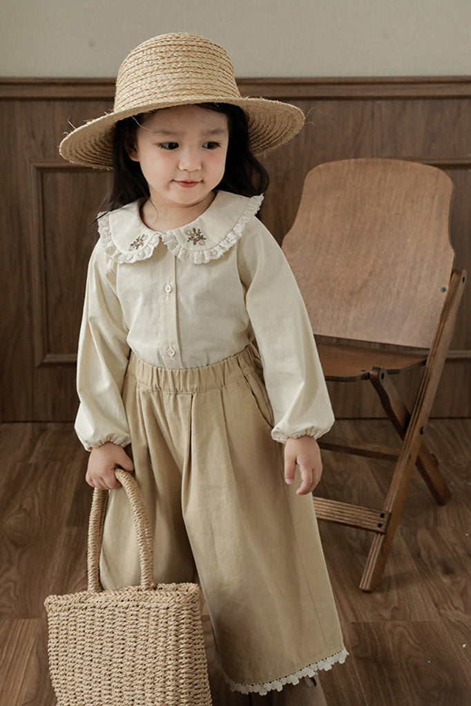 Embroidered Collar Button-Front Blouse, Cream