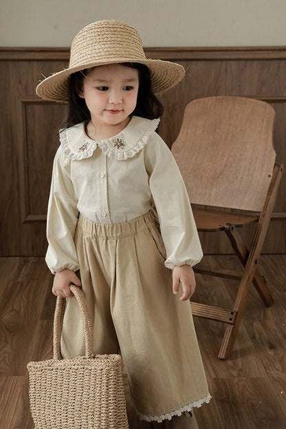 Embroidered Collar Button-Front Blouse, Cream