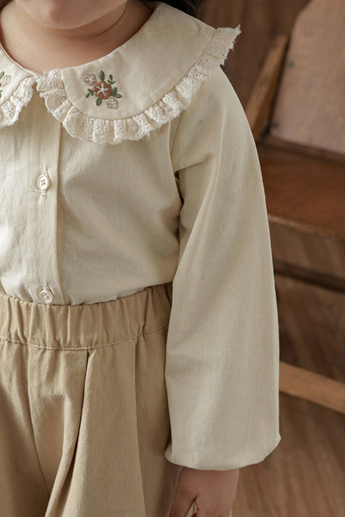 Embroidered Collar Button-Front Blouse, Cream