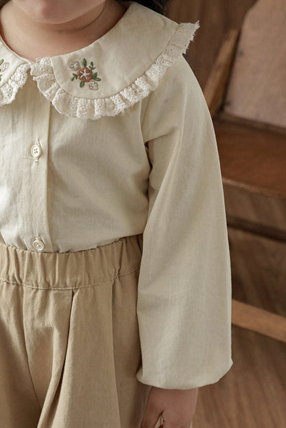 Embroidered Collar Button-Front Blouse, Cream