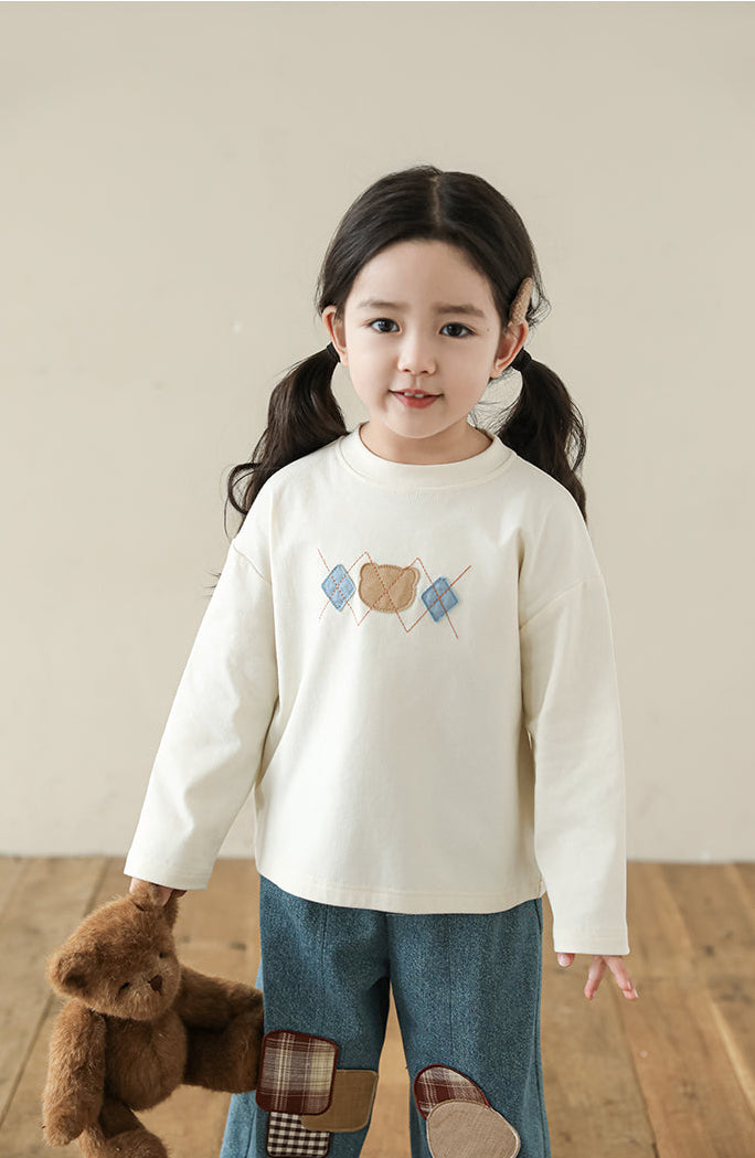 Bear Appliqué Long Sleeve Top, Ivory