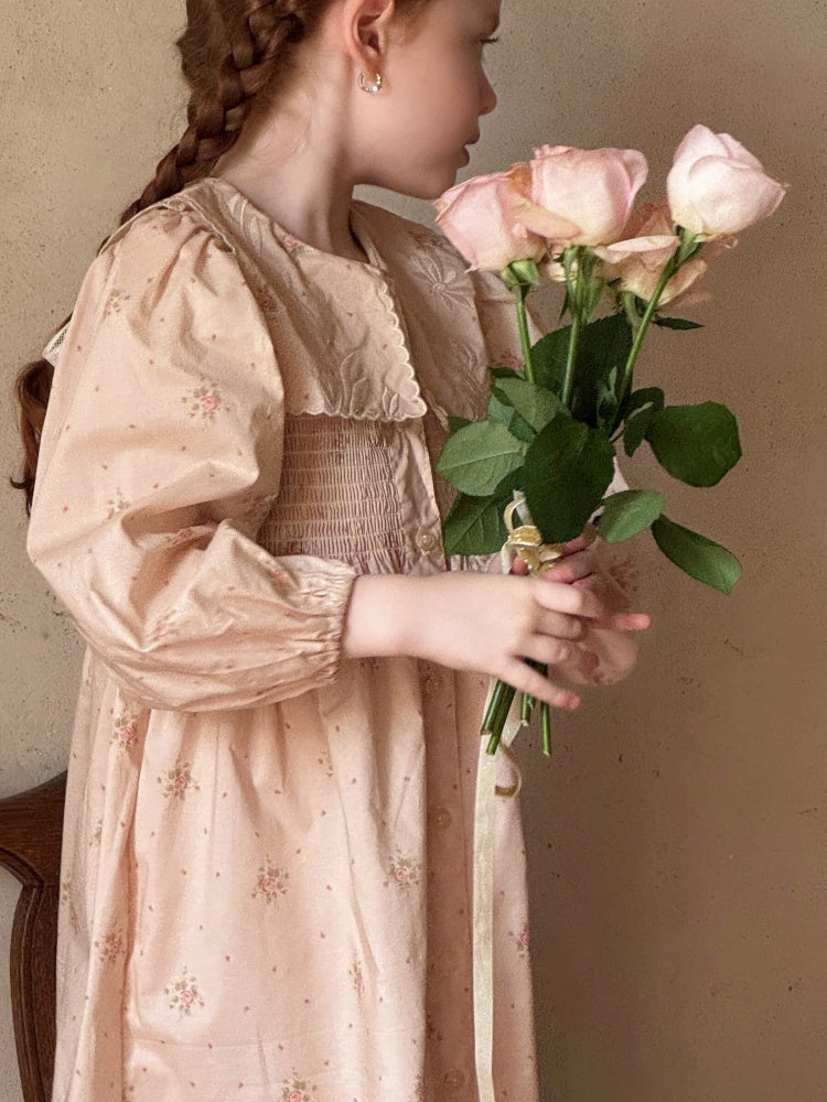 Evelyn Embroidered Collar Smocked Dress, Blush Pink Floral