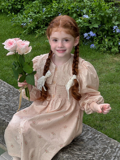 Evelyn Embroidered Collar Smocked Dress, Blush Pink Floral