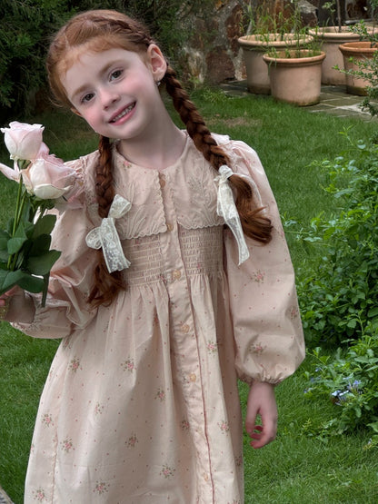 Evelyn Embroidered Collar Smocked Dress, Blush Pink Floral