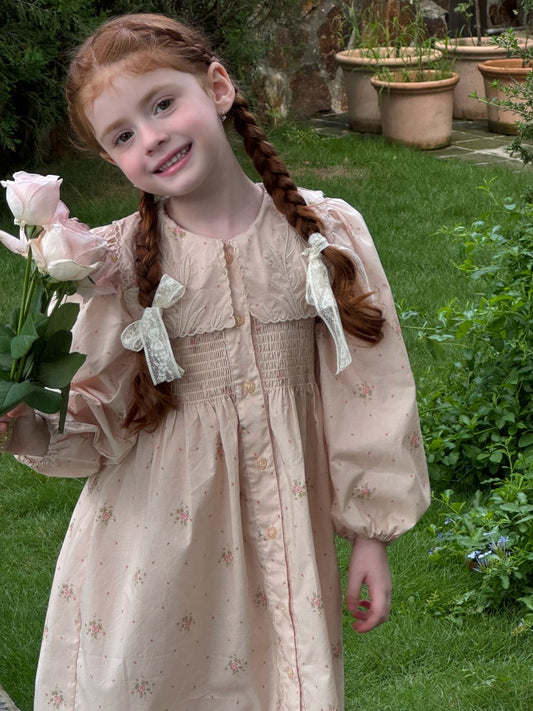 Evelyn Embroidered Collar Smocked Dress, Blush Pink Floral
