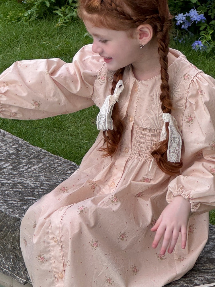 Evelyn Embroidered Collar Smocked Dress, Blush Pink Floral