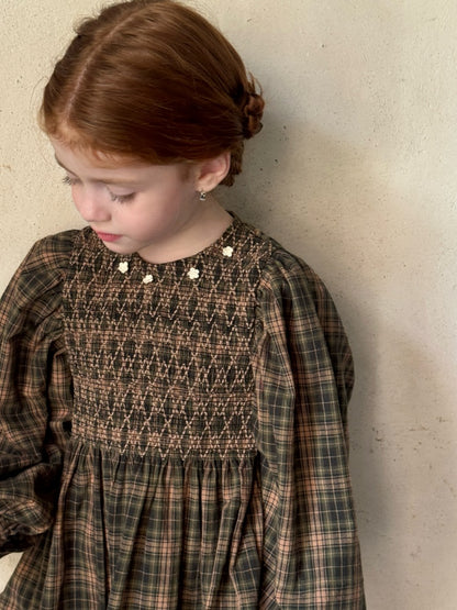 Olivia Floral Crochet Smocked Dress, Olive & Beige