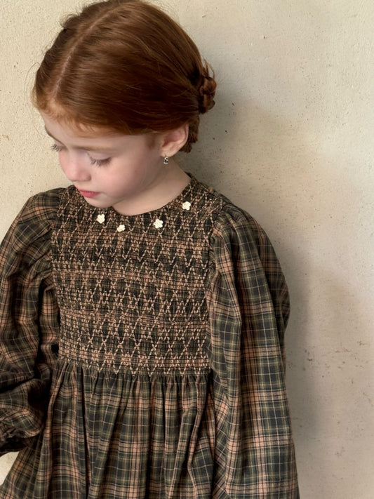 Olivia Floral Crochet Smocked Dress, Olive & Beige