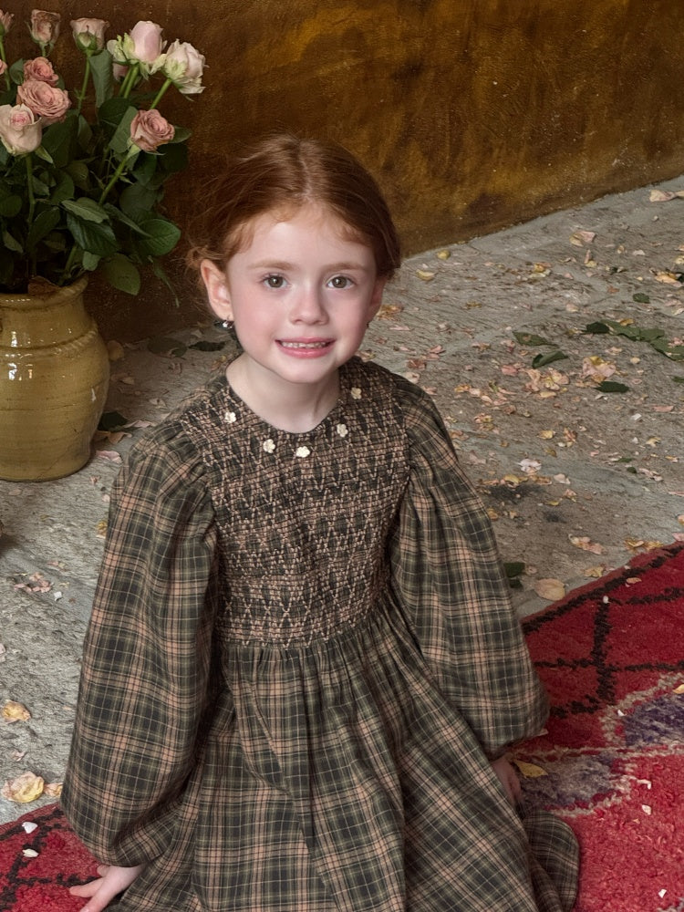 Olivia Floral Crochet Smocked Dress, Olive & Beige