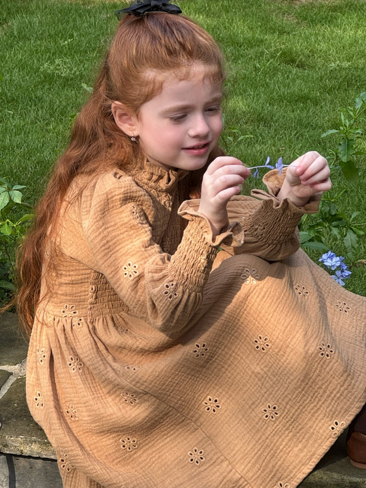 Georgia Broderie Muslin Smocked Dress, Caramel