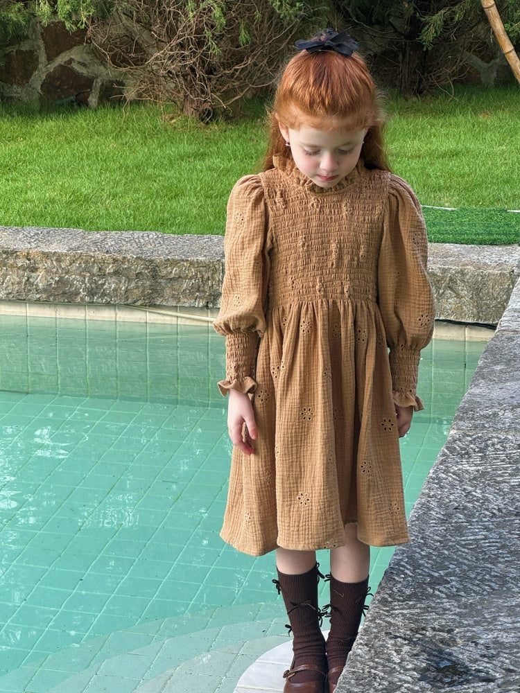Georgia Broderie Muslin Smocked Dress, Caramel